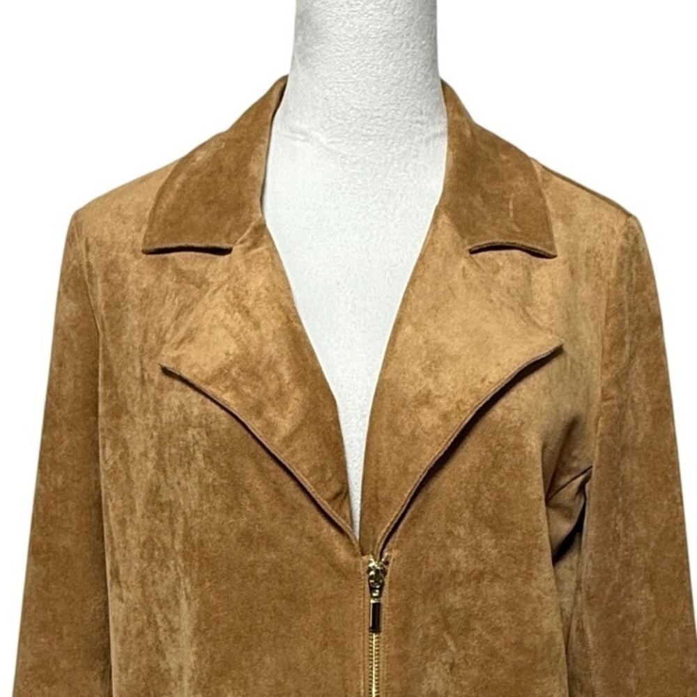 Chicos Jacket Women 2 Large Tan Faux Suede Moto Zip Blazer Pocket Notched Lapel